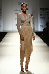 Honey Silver Foil Bop 30 Yoke Blouse W. Foil Dhoti Drape Trouser Gown