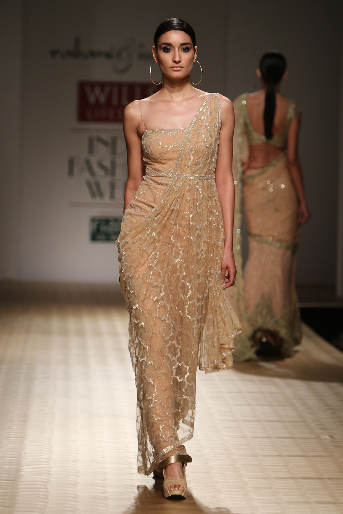 Sun Kissed Peach Net Full Mughal Jaal A-Line Gown with Fully Embroidered Drape