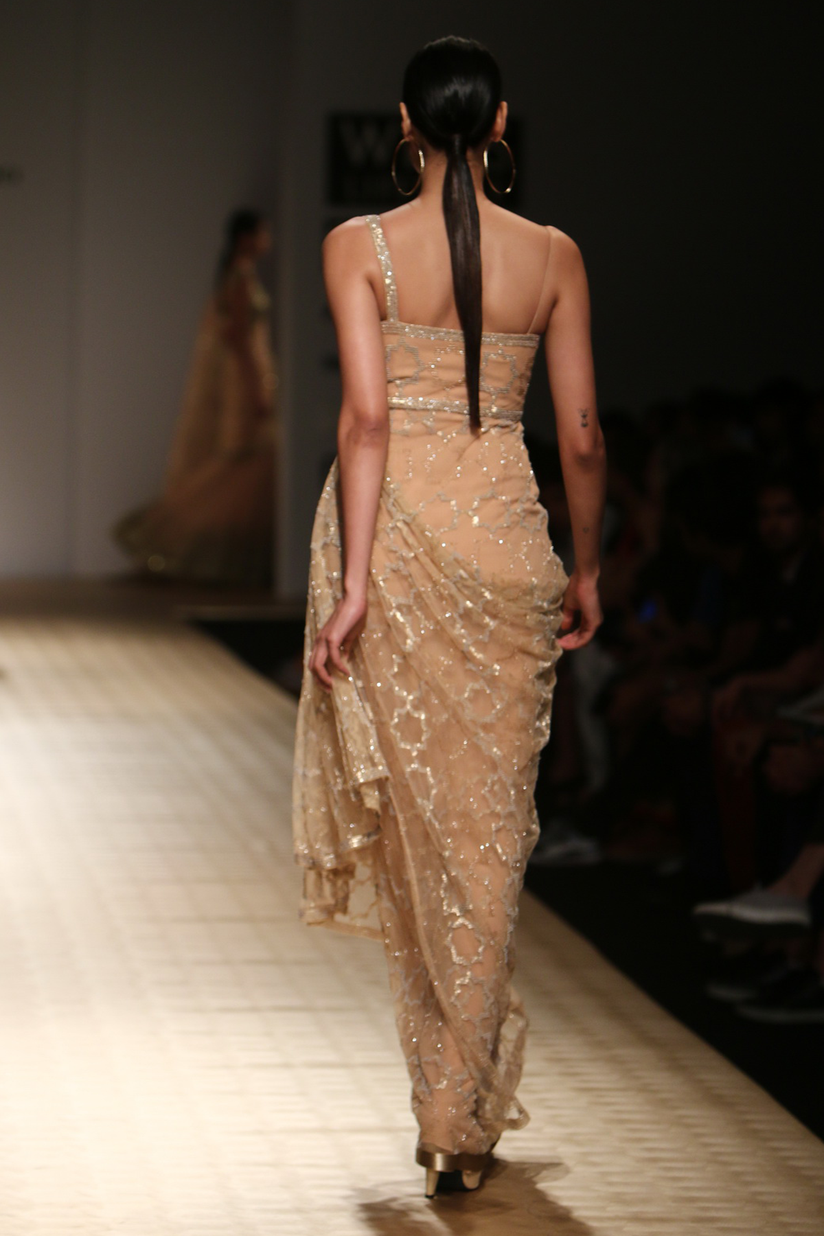 Sun Kissed Peach Net Full Mughal Jaal A-Line Gown with Fully Embroidered Drape