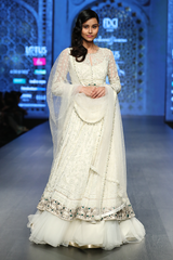 Ivory Dupion Silk Fully Hand 12 Kali Bird Anarkali Set W 2 Dupattas/Silk Stretch Churidar