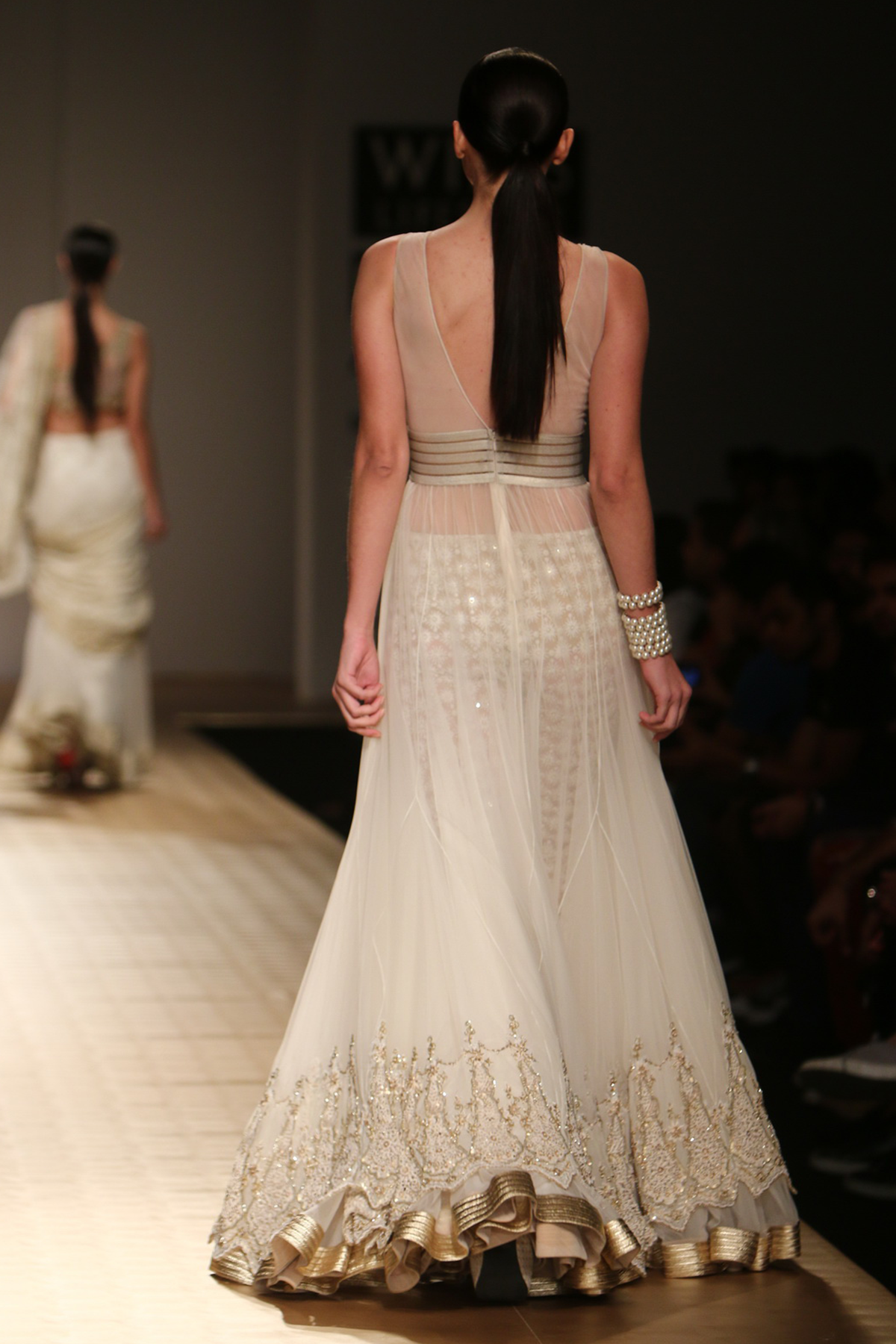 Ivory Lace Border with Net Poof with Beaded Hakoba Churi Trouser Gown