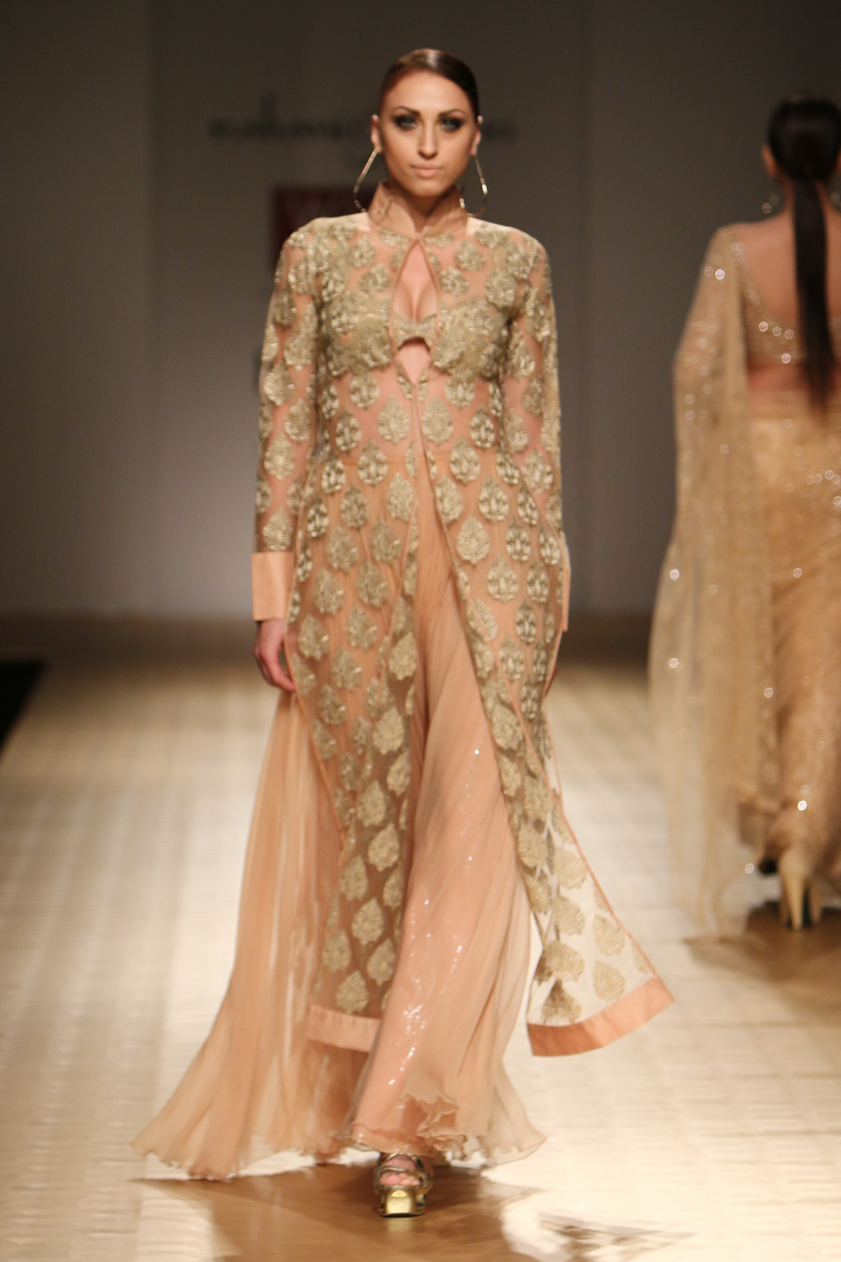 Sun Kissed Peach Booti Long Sherwani with Dupion Border with Chiffon Palazzo with Sheeting with Pasiley Bra