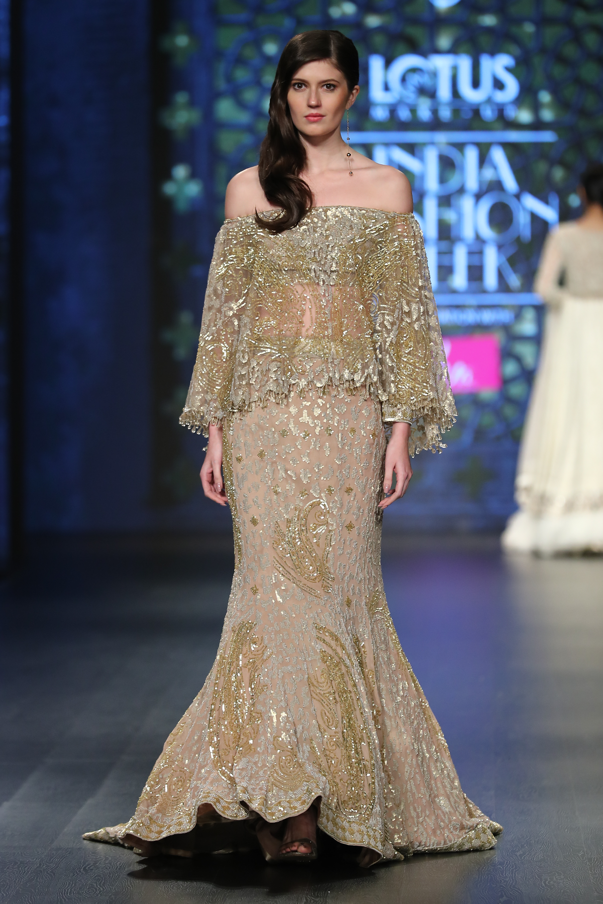 Gold Foil Georgette 6 Kali Fully Hand Embroidered A.P Burst Jaal Trail Skirt W. Fully Hand Embroidered Net Cape Attached Net Blouse