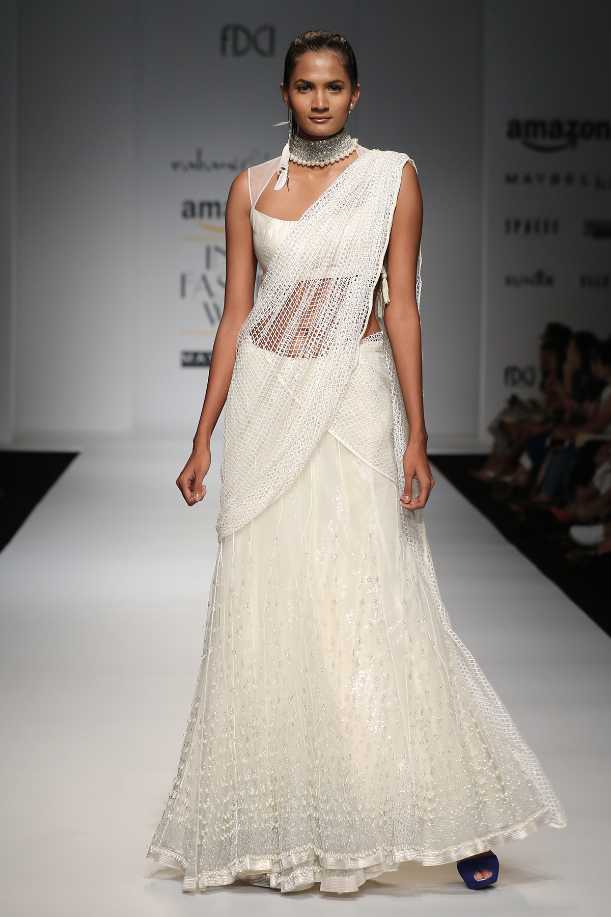 Ivory Pearl Burst Kali Lehenga Saree W. Mesh Jaali Drape W Dupion W/Silver Gota Collar Yoke Blouse W/ Sheeting Crino Petticoat