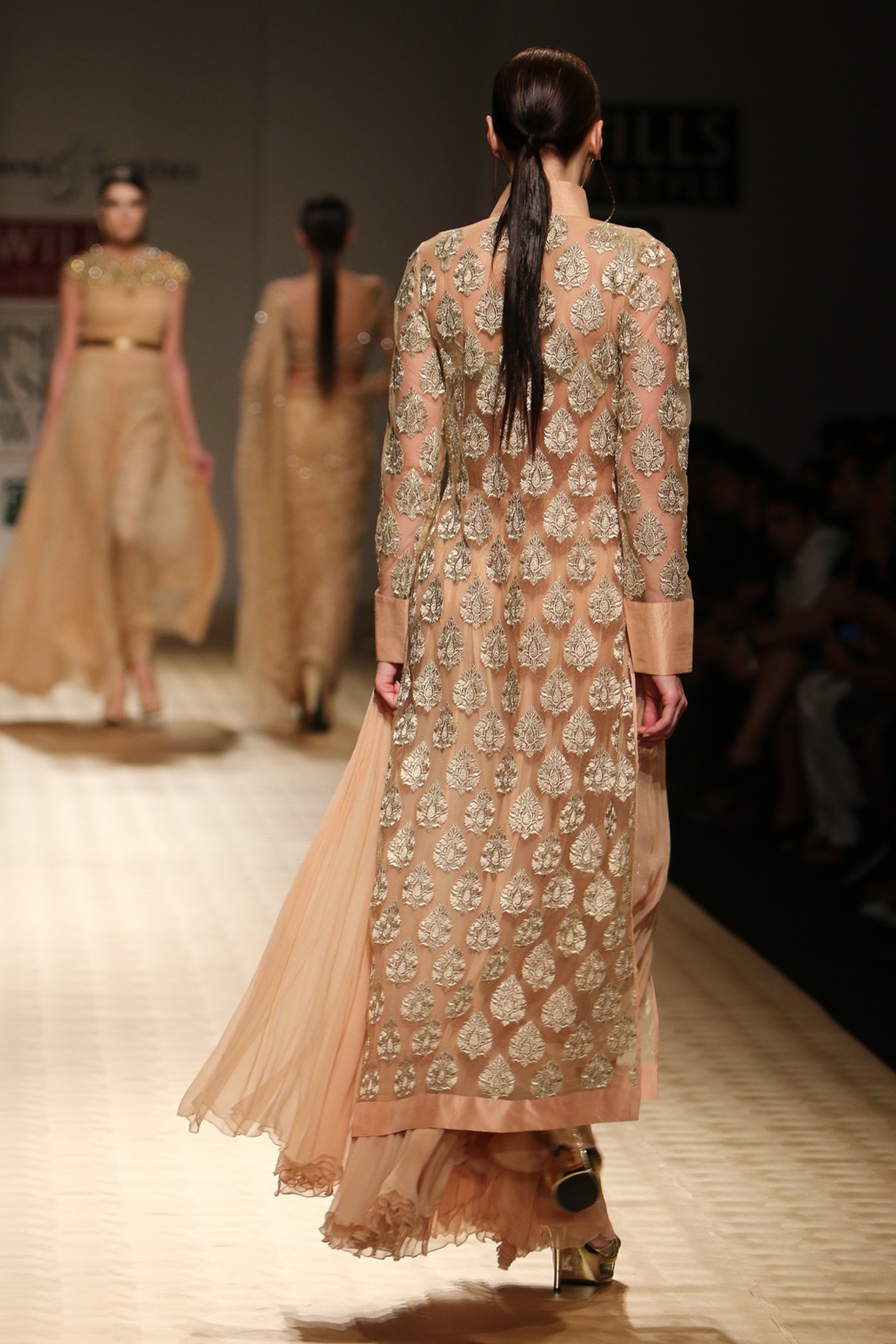 Sun Kissed Peach Booti Long Sherwani with Dupion Border with Chiffon Palazzo with Sheeting with Pasiley Bra