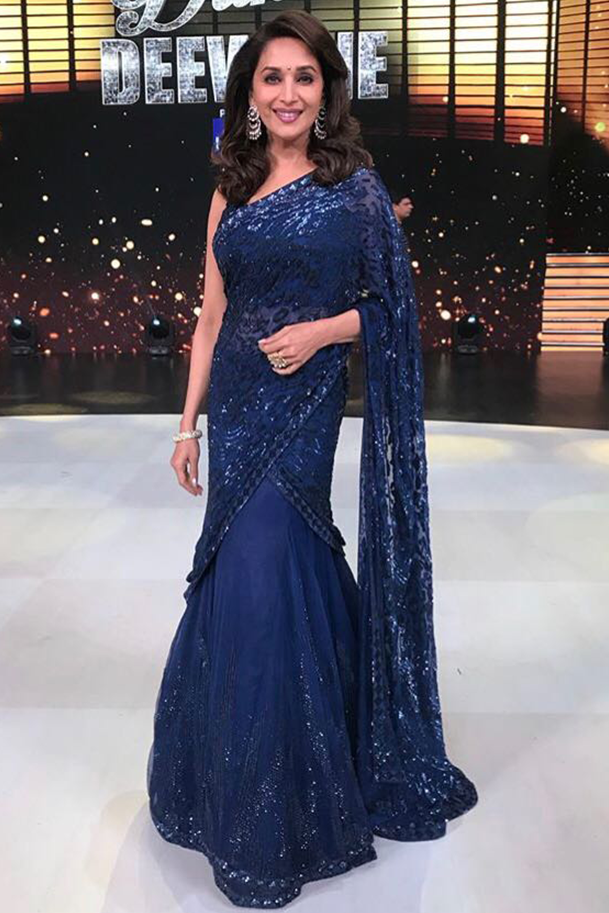 Madhuri Dixit Nene In Blue Net 9 Godes Lehenga Sari Set