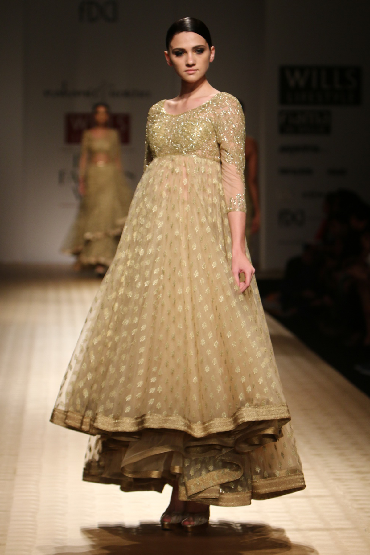 Gold Small Booti Full Beaded Blouse Yoke Poof Carpet with Gold Kasab Embroidered Churi Trouser