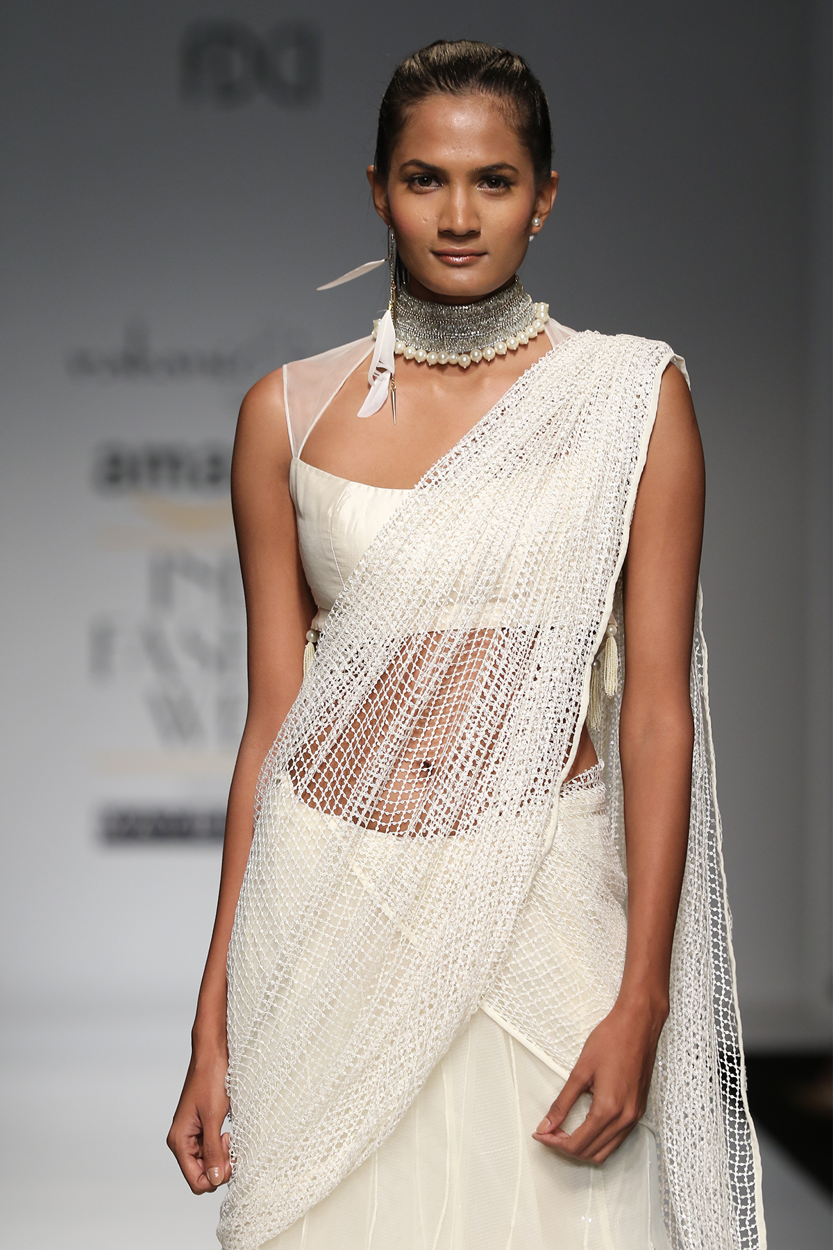 Ivory Pearl Burst Kali Lehenga Saree W. Mesh Jaali Drape W Dupion W/Silver Gota Collar Yoke Blouse W/ Sheeting Crino Petticoat