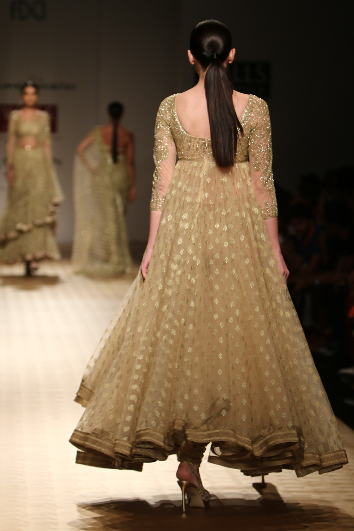 Gold Small Booti Full Beaded Blouse Yoke Poof Carpet with Gold Kasab Embroidered Churi Trouser