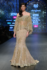 Gold Foil Georgette 6 Kali Fully Hand Embroidered A.P Burst Jaal Trail Skirt W. Fully Hand Embroidered Net Cape Attached Net Blouse