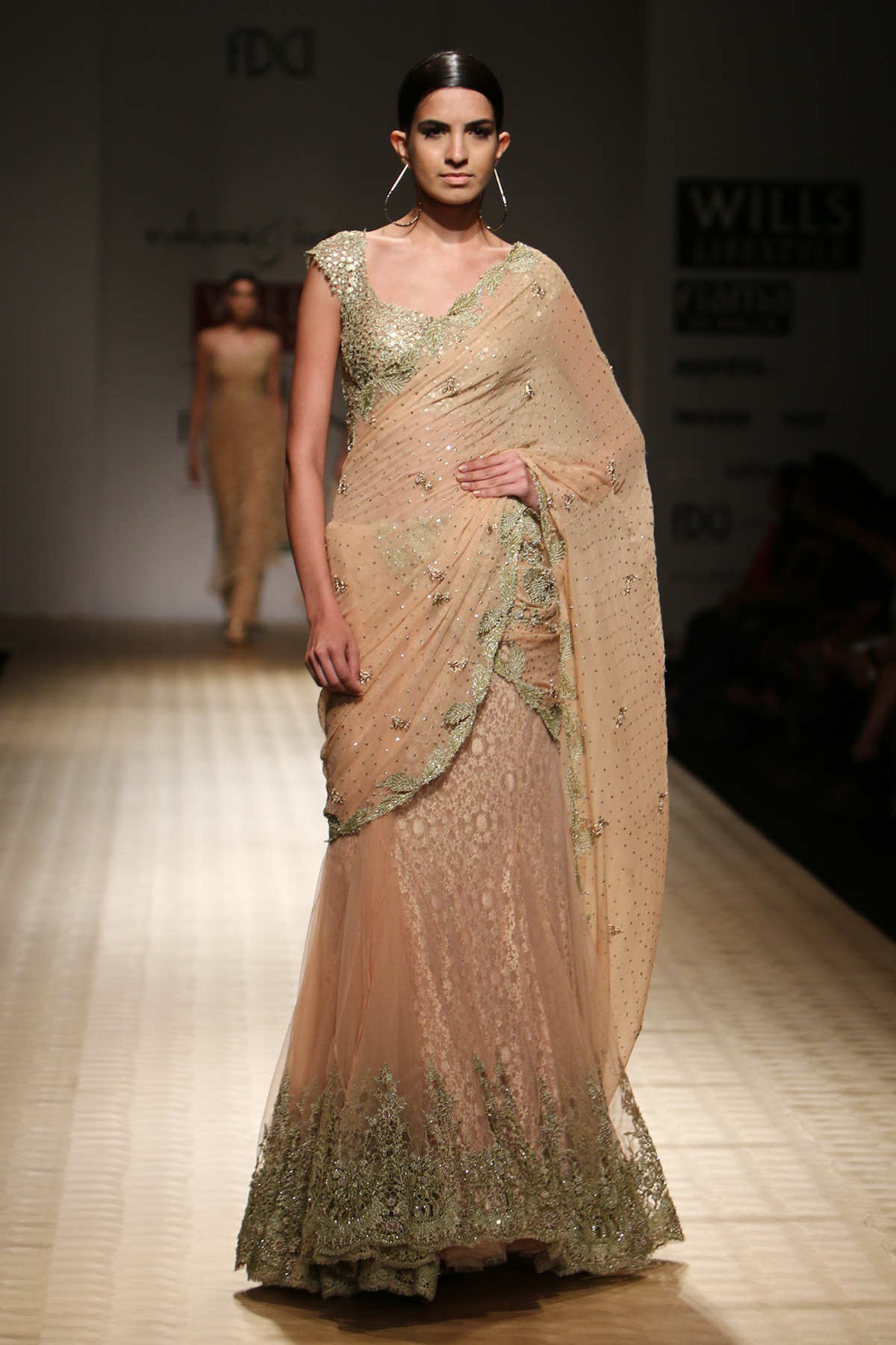 Sun Kissed Peach Net 9 Godes Embroidered Lehenga Sari with Chiffon Drape with Mesh Blouse with Lace Crino Petticoat