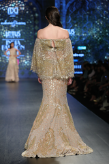 Gold Foil Georgette 6 Kali Fully Hand Embroidered A.P Burst Jaal Trail Skirt W. Fully Hand Embroidered Net Cape Attached Net Blouse