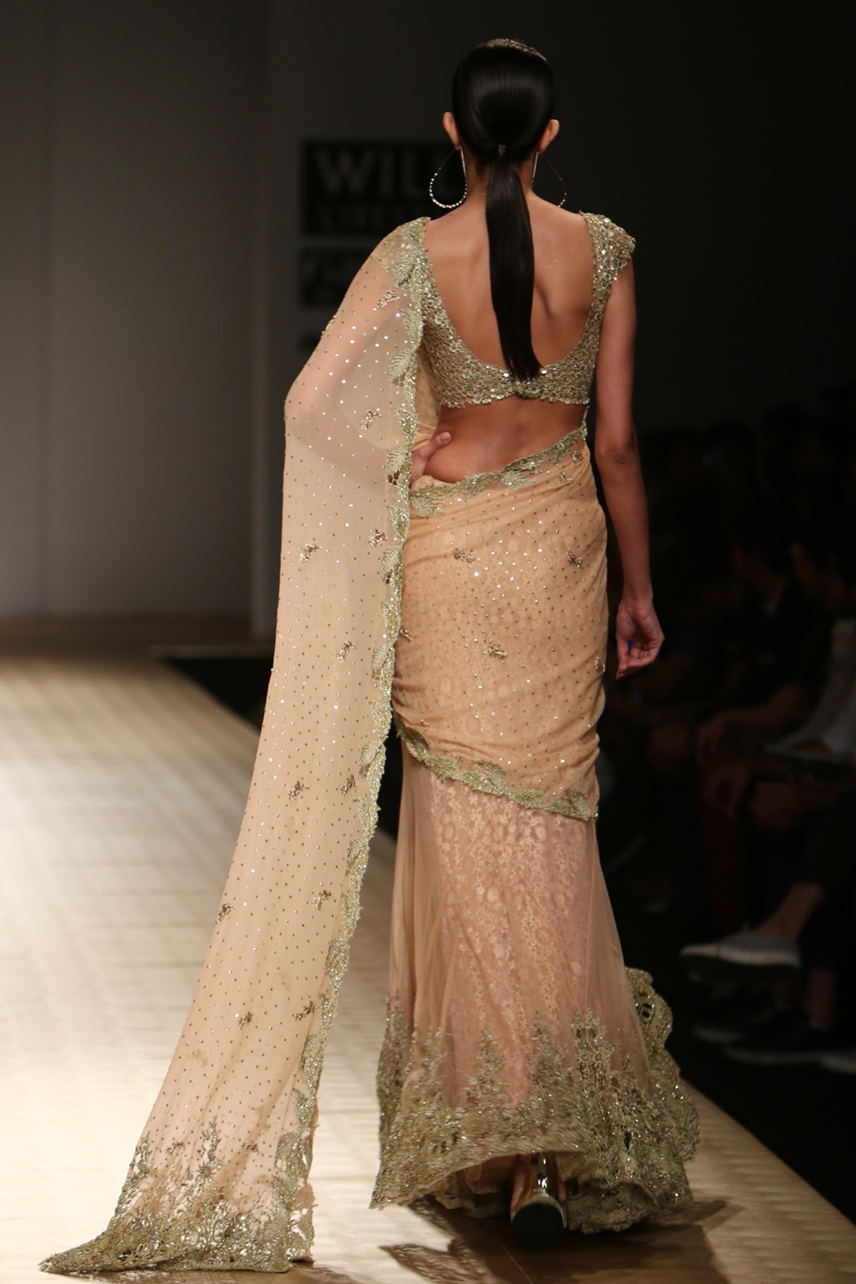 Sun Kissed Peach Net 9 Godes Embroidered Lehenga Sari with Chiffon Drape with Mesh Blouse with Lace Crino Petticoat