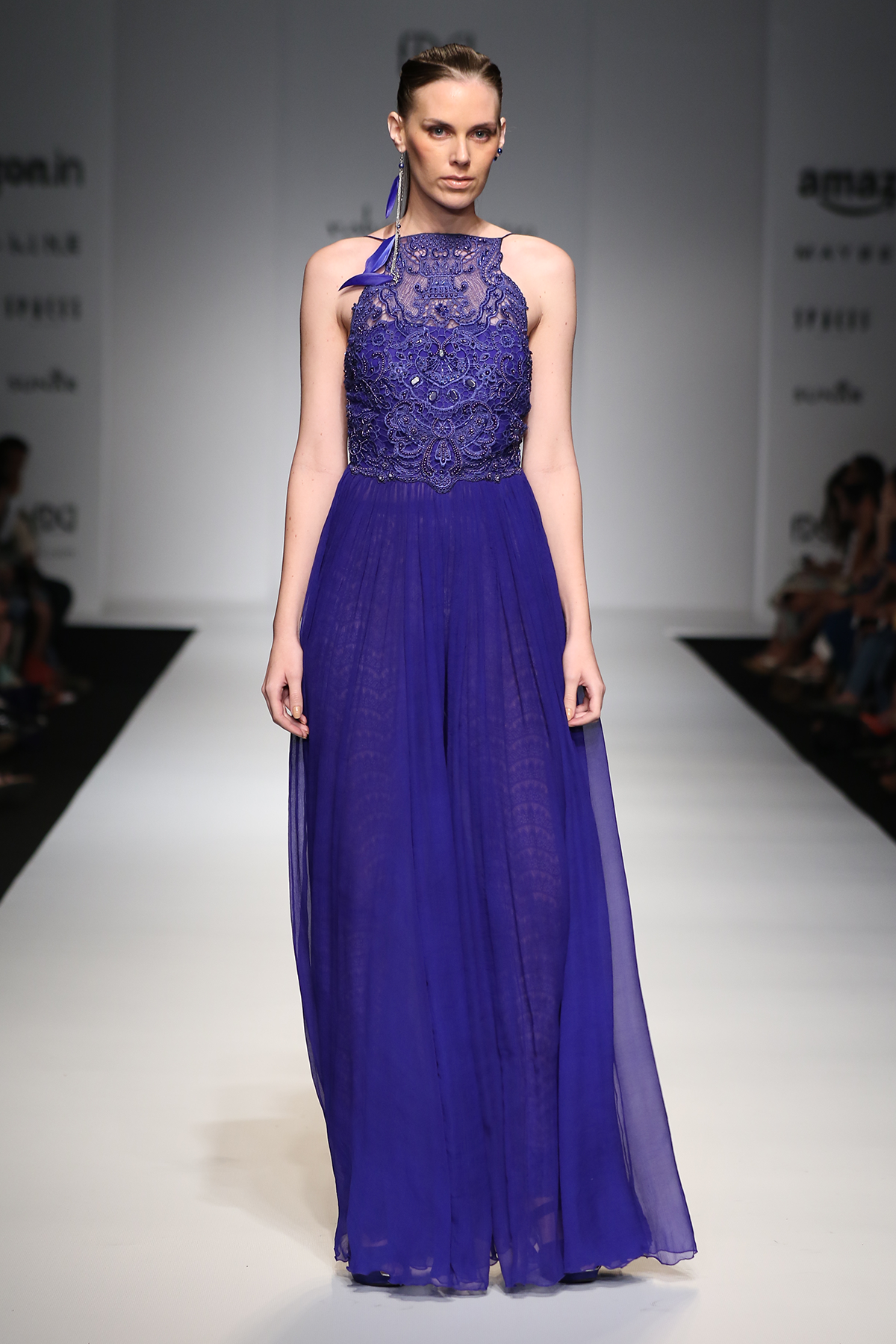 Blue Chiffon Roughed Catsuit W/Blue Crochet Yoke W. Lace Churidar Trouser