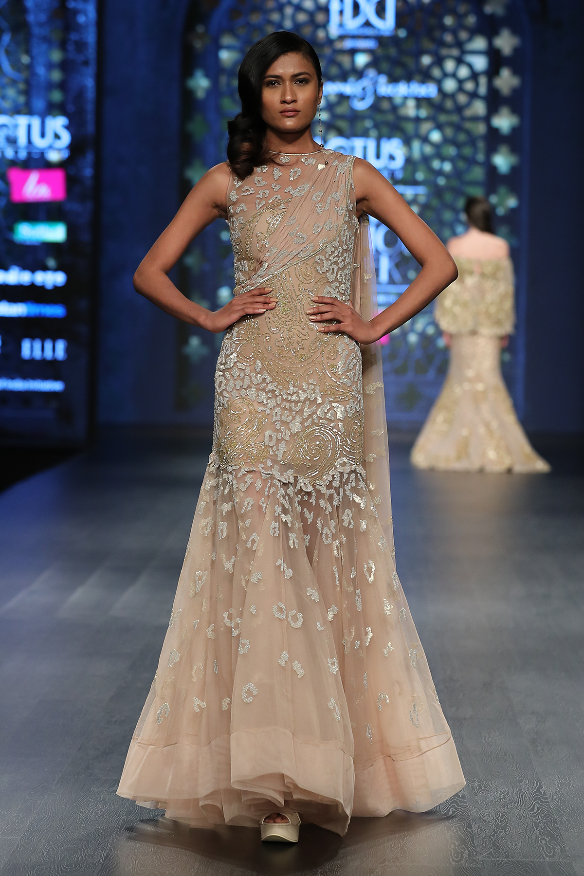 Gold Net A Line Fully Hand Embroidered P Burst Jaal Gown W 3 Chiffon 3 Net Shreads At Back W.