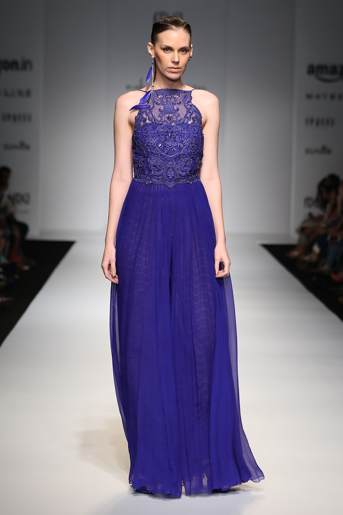 Blue Chiffon Roughed Catsuit W/Blue Crochet Yoke W. Lace Churidar Trouser