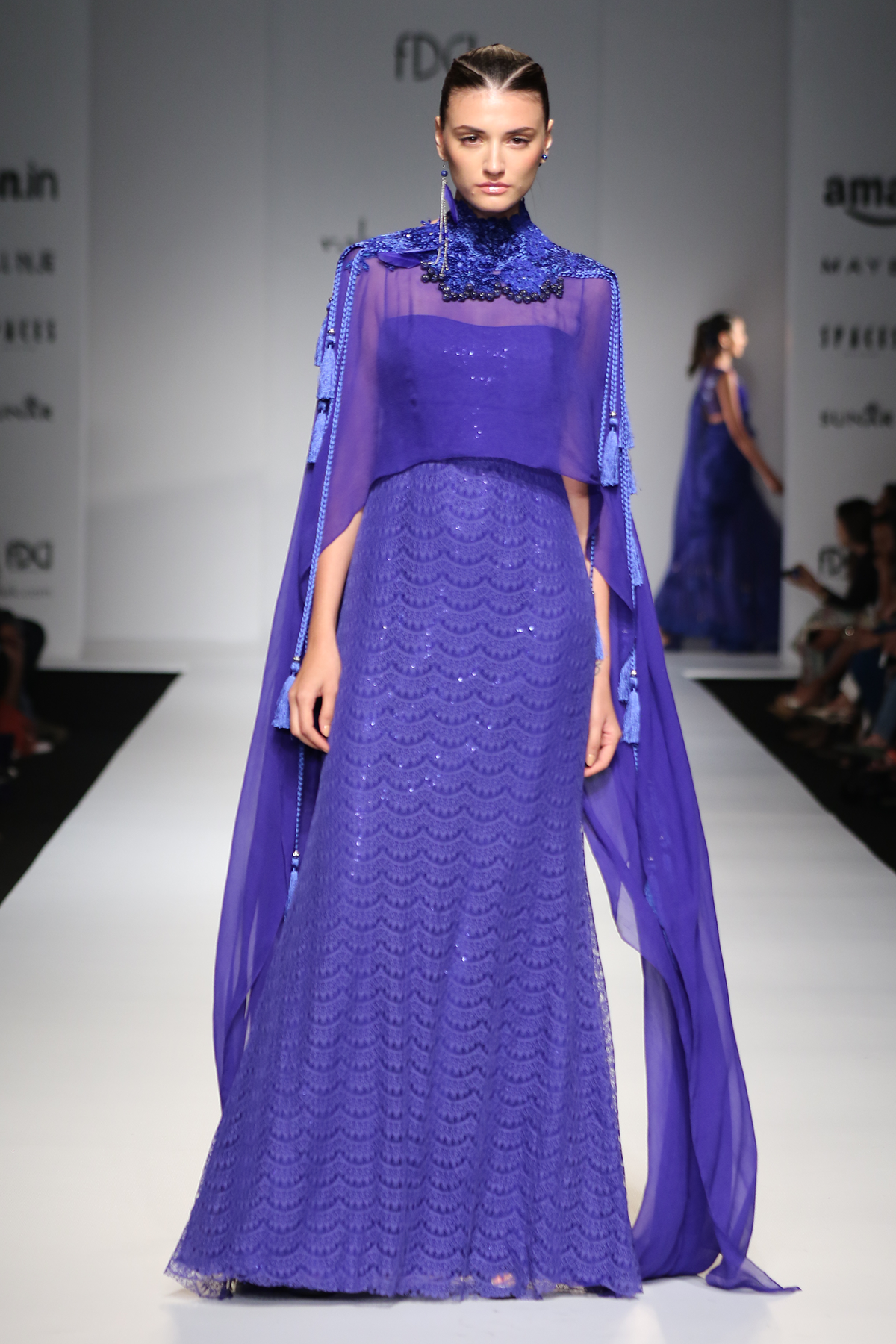 Blue Lace W/Sheeting Straight Gown W. Chiffon Tassles Drape