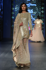 Gold Net 8 Kali A/P Burst Lehenga With Attached Churi Trouser W/Fully Embroidered Net Kurti & Chiffon Dupatta