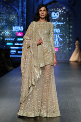 Gold Net 8 Kali A/P Burst Lehenga With Attached Churi Trouser W/Fully Embroidered Net Kurti & Chiffon Dupatta