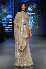 Gold Net 8 Kali A/P Burst Lehenga With Attached Churi Trouser W/Fully Embroidered Net Kurti & Chiffon Dupatta