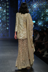 Gold Net 8 Kali A/P Burst Lehenga With Attached Churi Trouser W/Fully Embroidered Net Kurti & Chiffon Dupatta