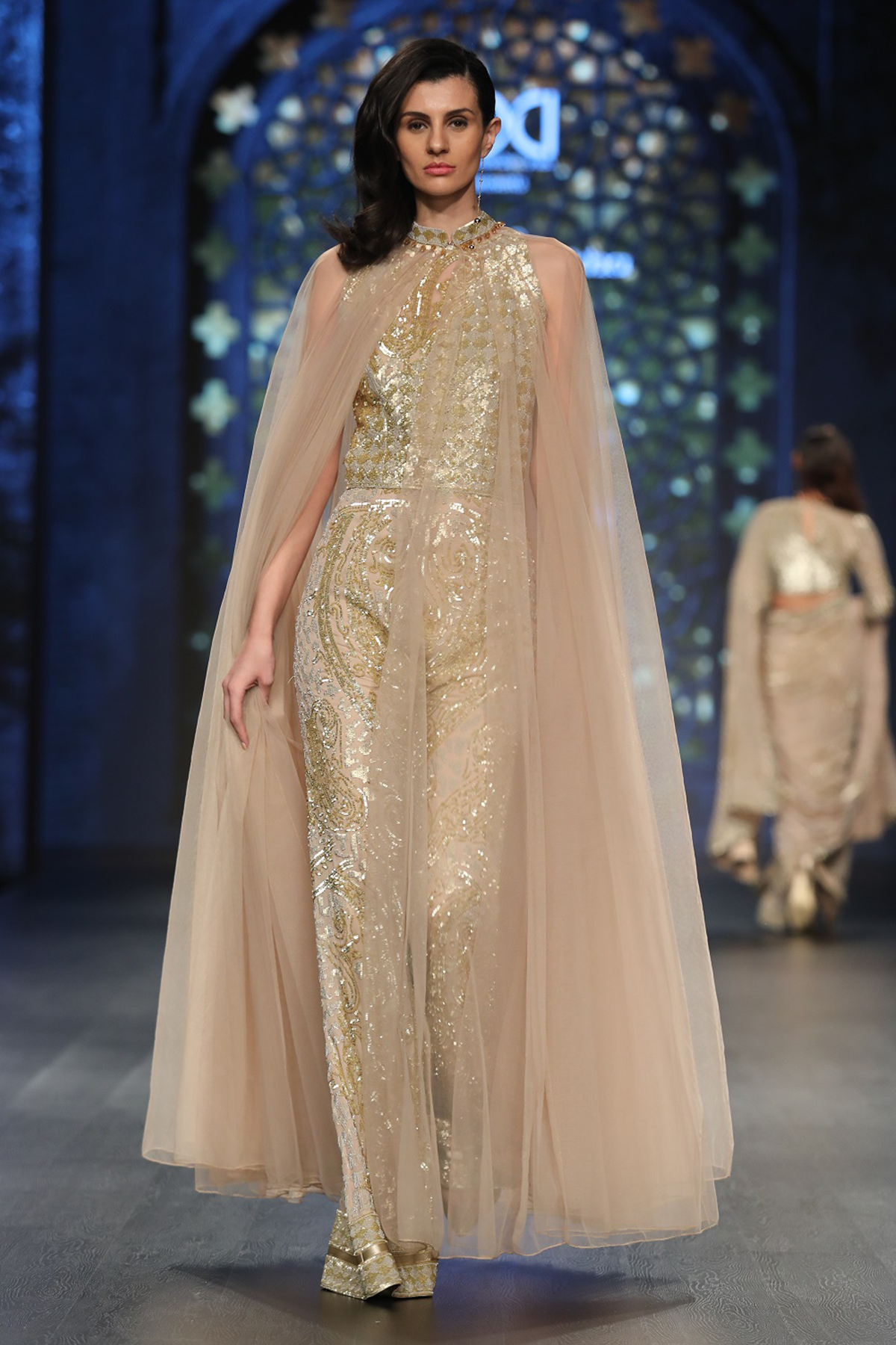 Gold Foil Georgette Fully Hand Embroidered Jumpsuit W. Net Poof Cape