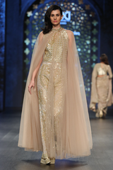 Gold Foil Georgette Fully Hand Embroidered Jumpsuit W. Net Poof Cape