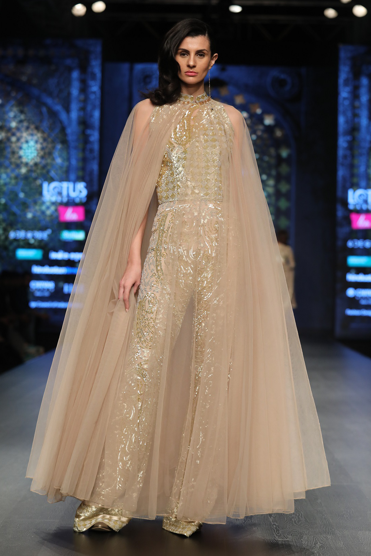 Gold Foil Georgette Fully Hand Embroidered Jumpsuit W. Net Poof Cape