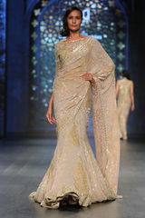 Gold Foil Georgette 6 Kali + 4 Godes Trail Lehenga W/ Net Fully Embroidered S-91 Blouse W Georgette Drape