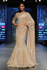 Gold Foil Georgette 6 Kali + 4 Godes Trail Lehenga W/ Net Fully Embroidered S-91 Blouse W Georgette Drape