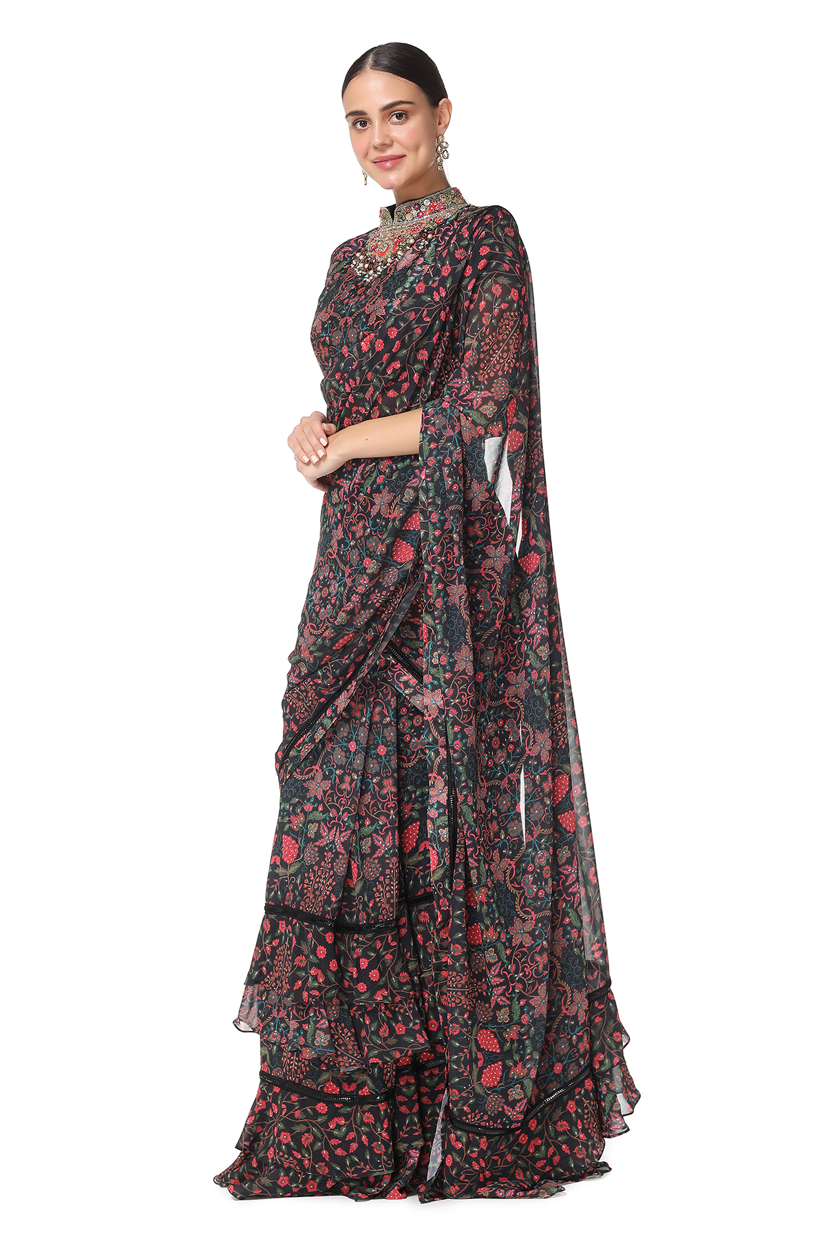 Hina Khan in Black printed ruffle saree