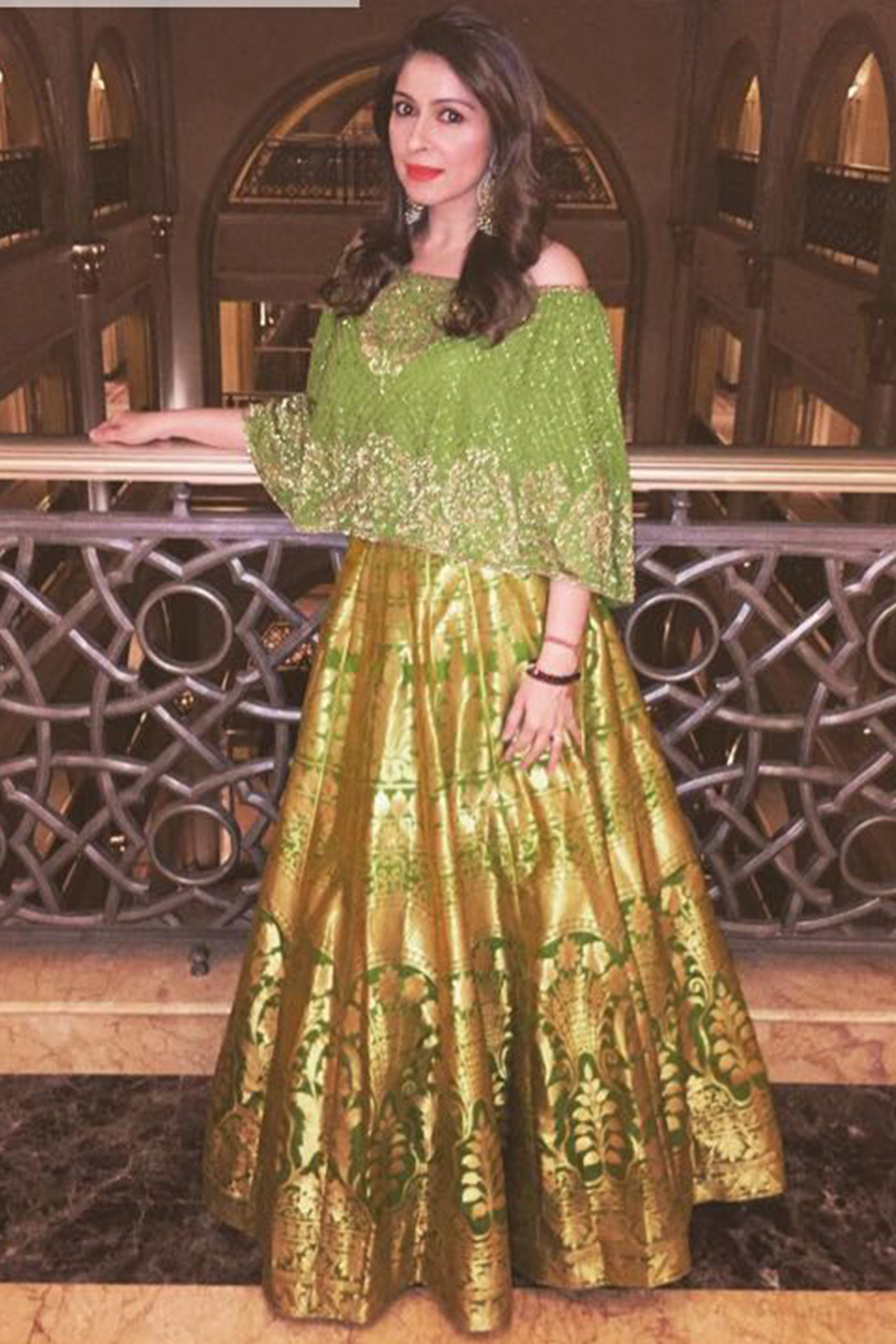 Bhavna Pandey In Lime Off Shoulder Cape & Banarsi Skirt