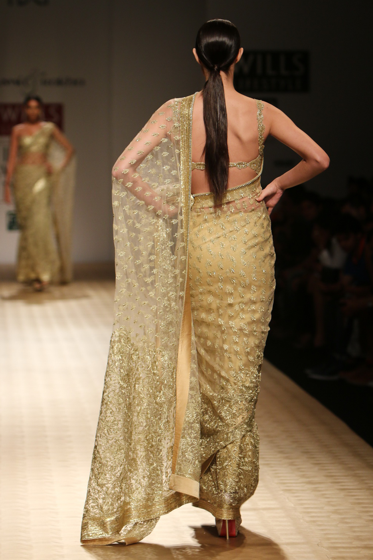 Gold Small Booti with 9 Yars Sequin Border with Resham Jaal On Border & Palla Sari Tissue Petticoat Beaded Blouse