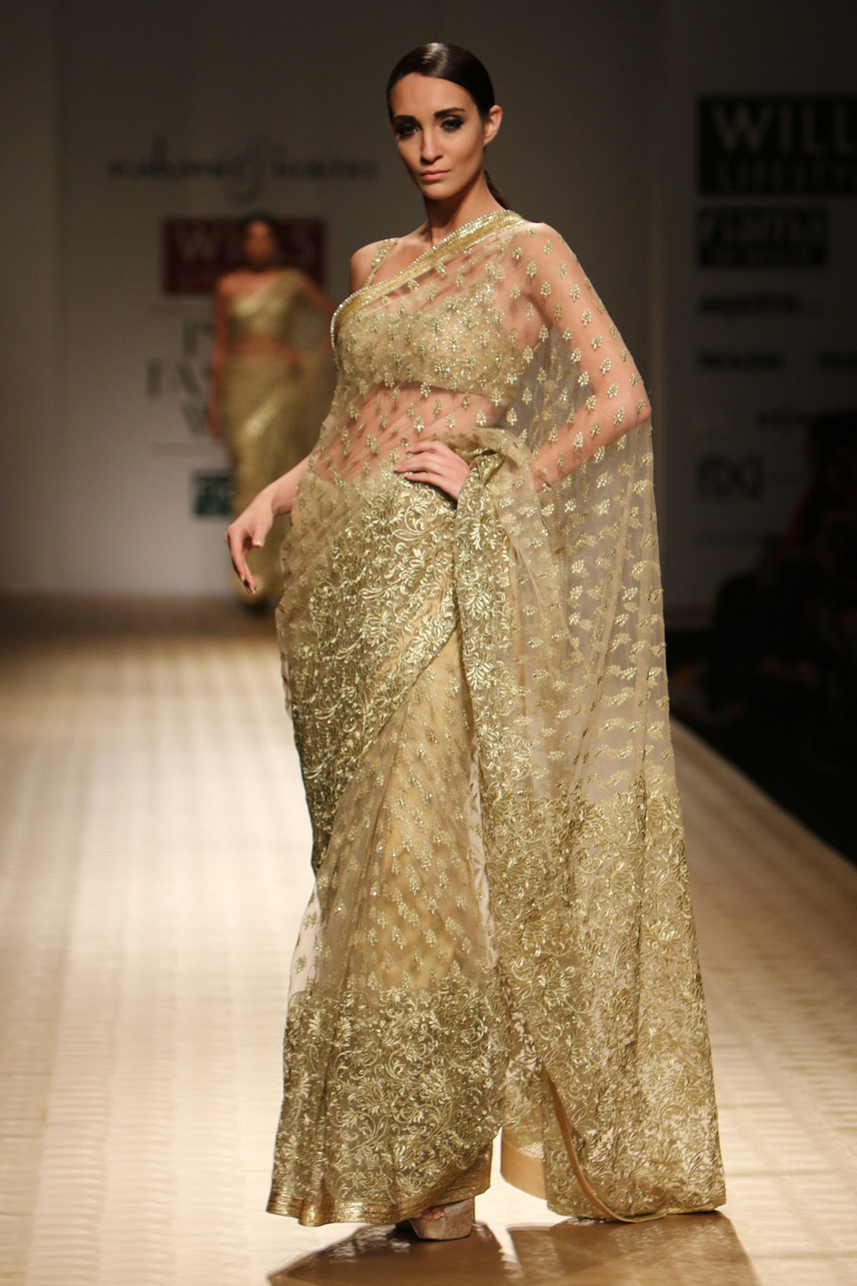 Gold Small Booti with 9 Yars Sequin Border with Resham Jaal On Border & Palla Sari Tissue Petticoat Beaded Blouse