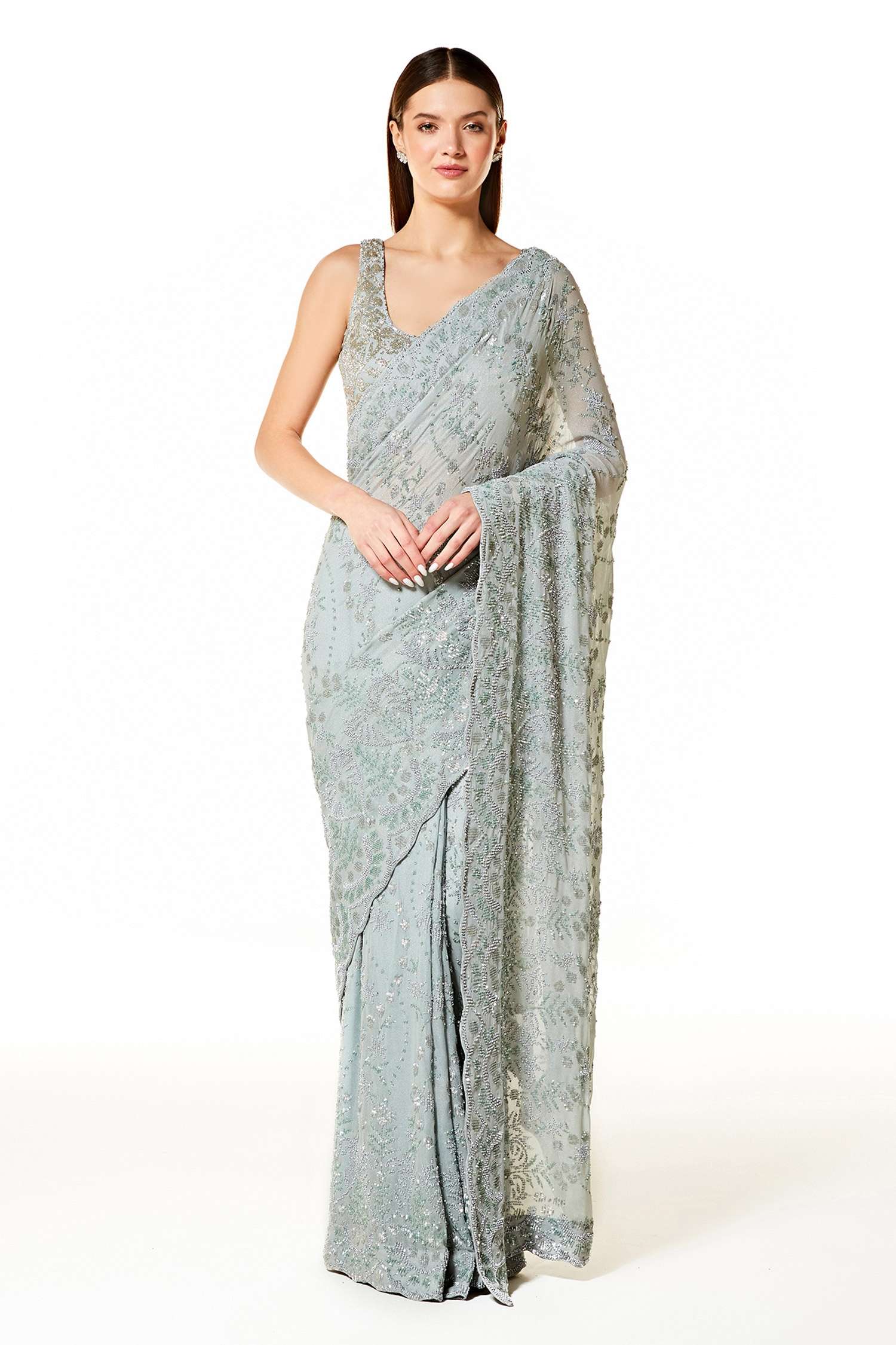 Silver Georgette Zaynab Saree With Blouse