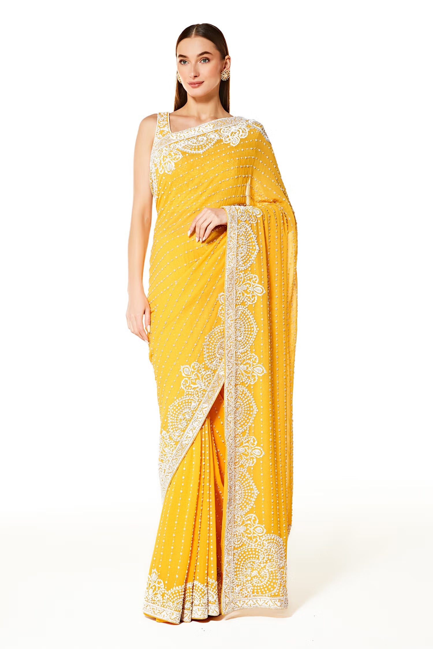 Yellow Zaynab Pearl Hand Embroidered Saree