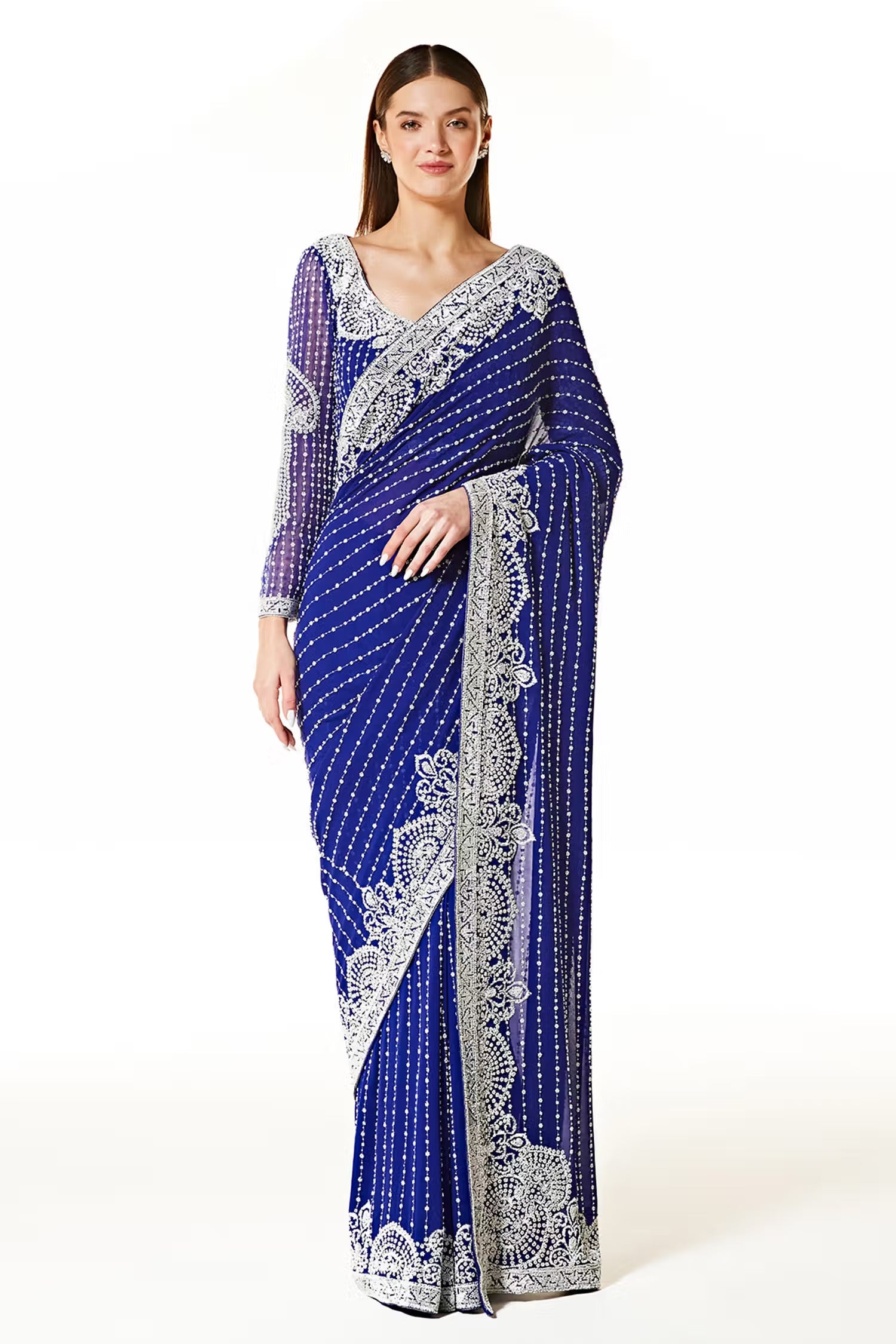 Blue Georgette Pearl Embroidered Saree