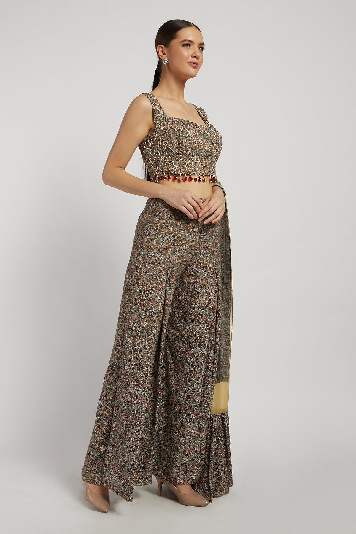 Olive Green Printed Dalia Palazzo Pant Set