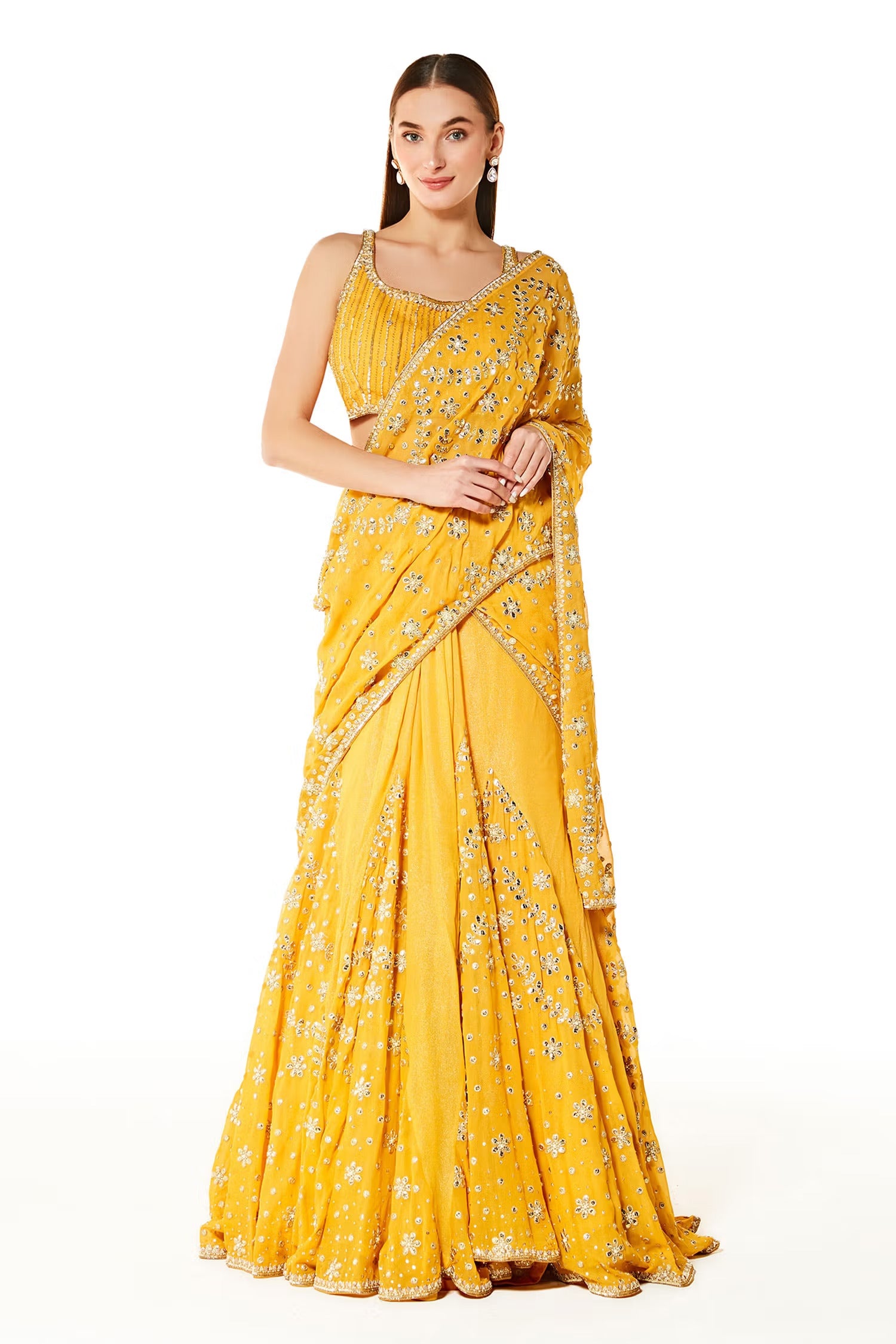 Yellow Georgette Adha Lehenga Saree With Blouse