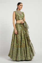 Green Printed Rabia Lehenga Set With Butti Work