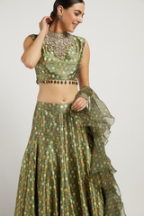 Green Printed Rabia Lehenga Set With Butti Work