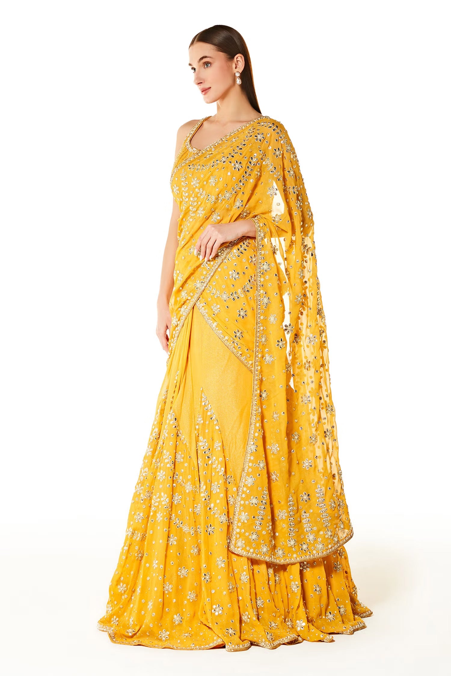 Yellow Georgette Adha Lehenga Saree With Blouse