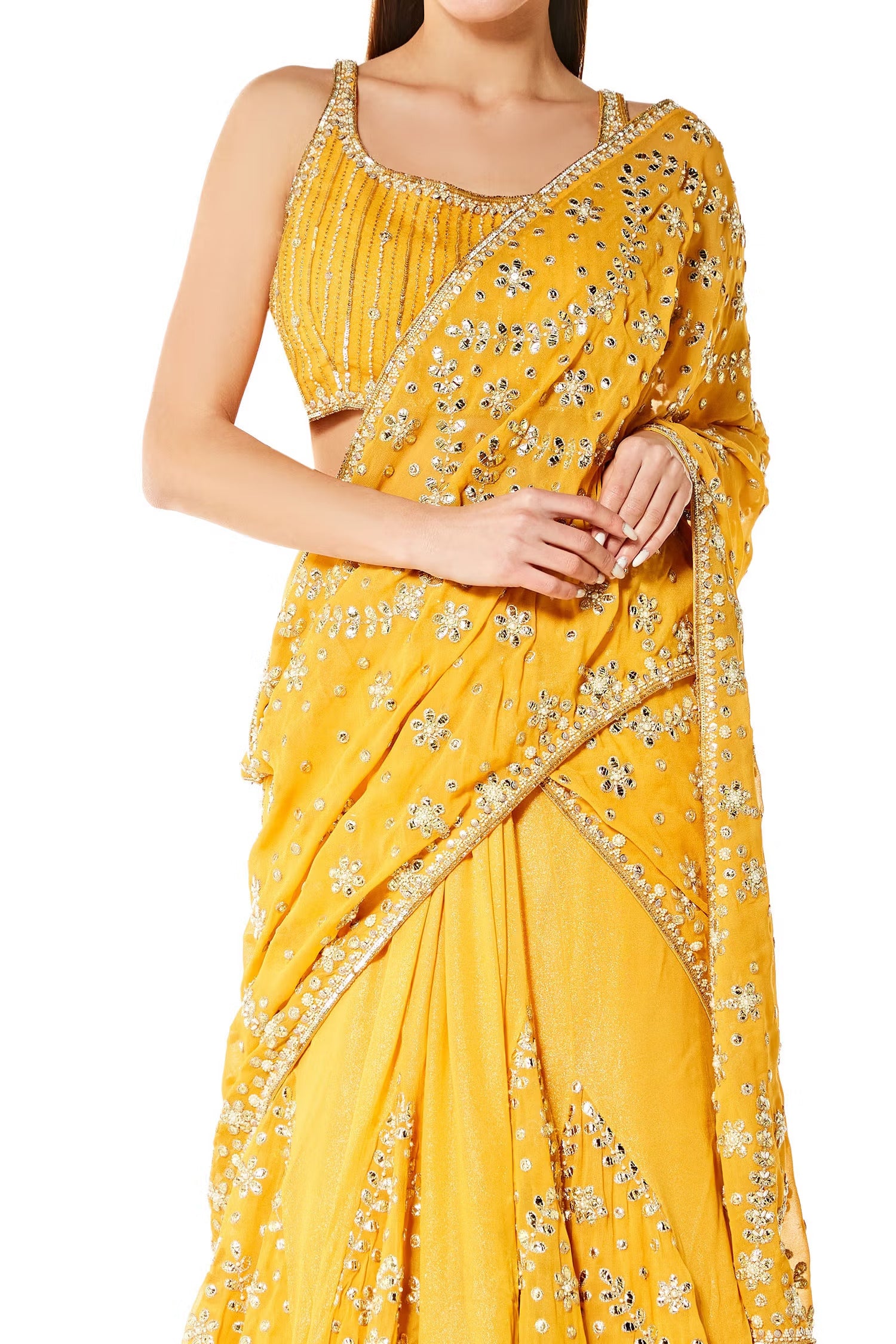 Yellow Georgette Adha Lehenga Saree With Blouse