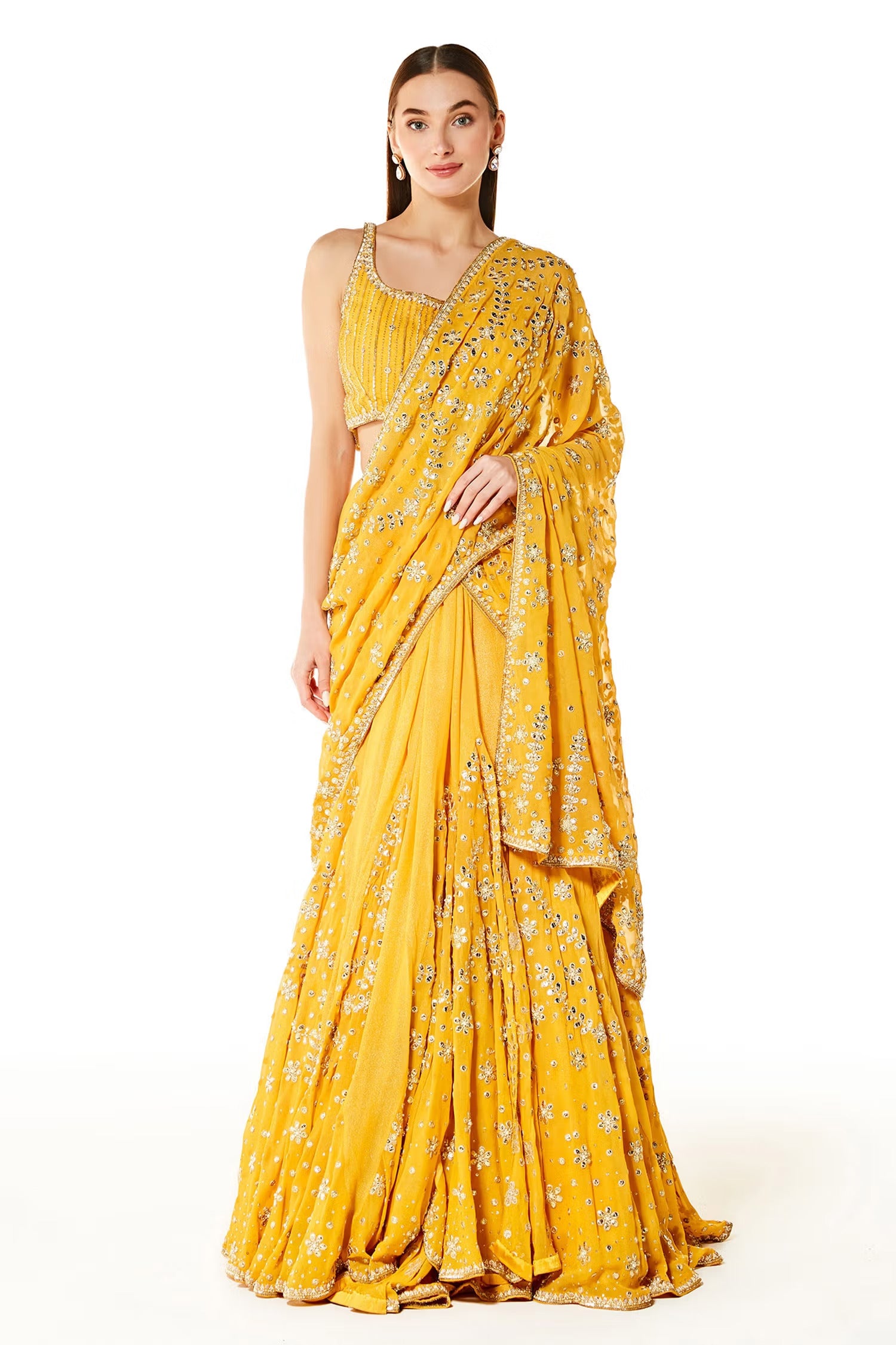 Yellow Georgette Adha Lehenga Saree With Blouse