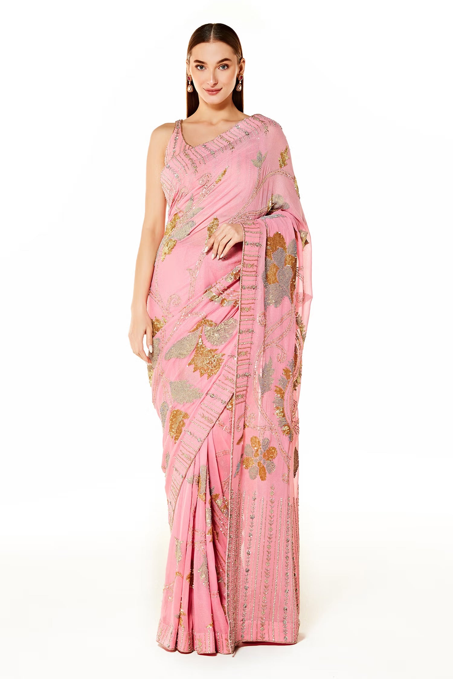 Pink Georgette Zaynab Sequin Embroidered Saree
