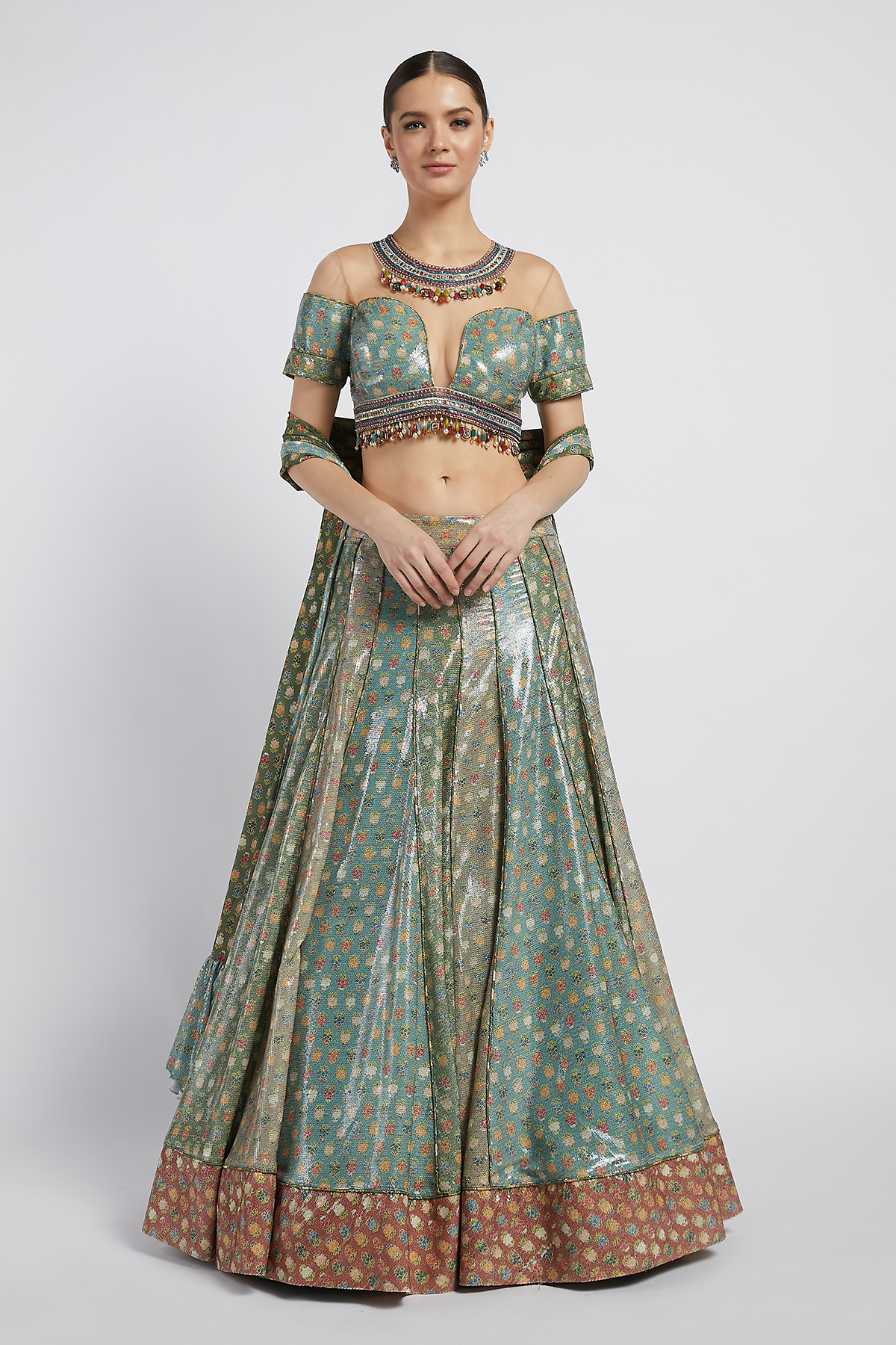 Multi Colored Printed Kalidar Rabia Lehenga Set