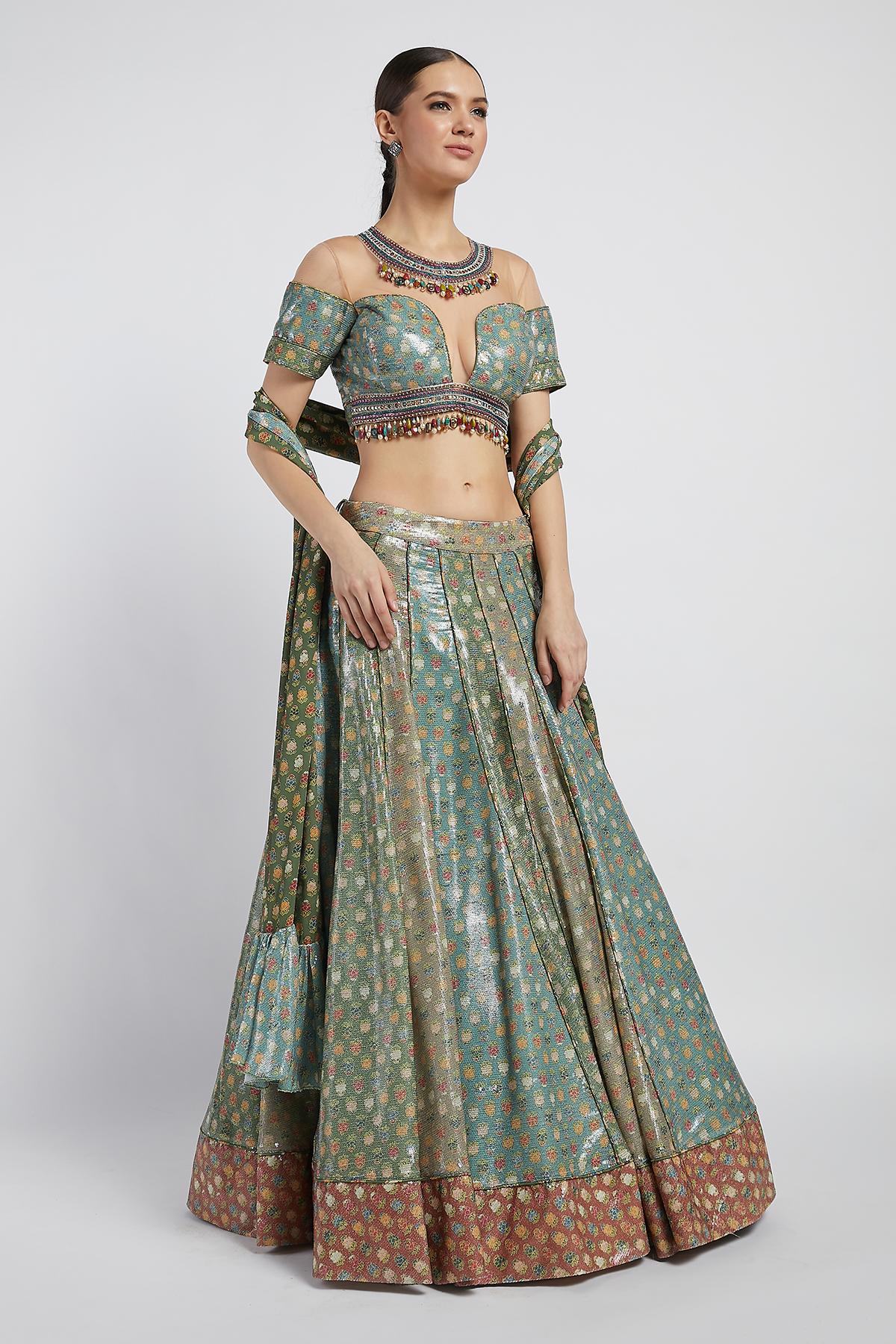 Multi Colored Printed Kalidar Rabia Lehenga Set