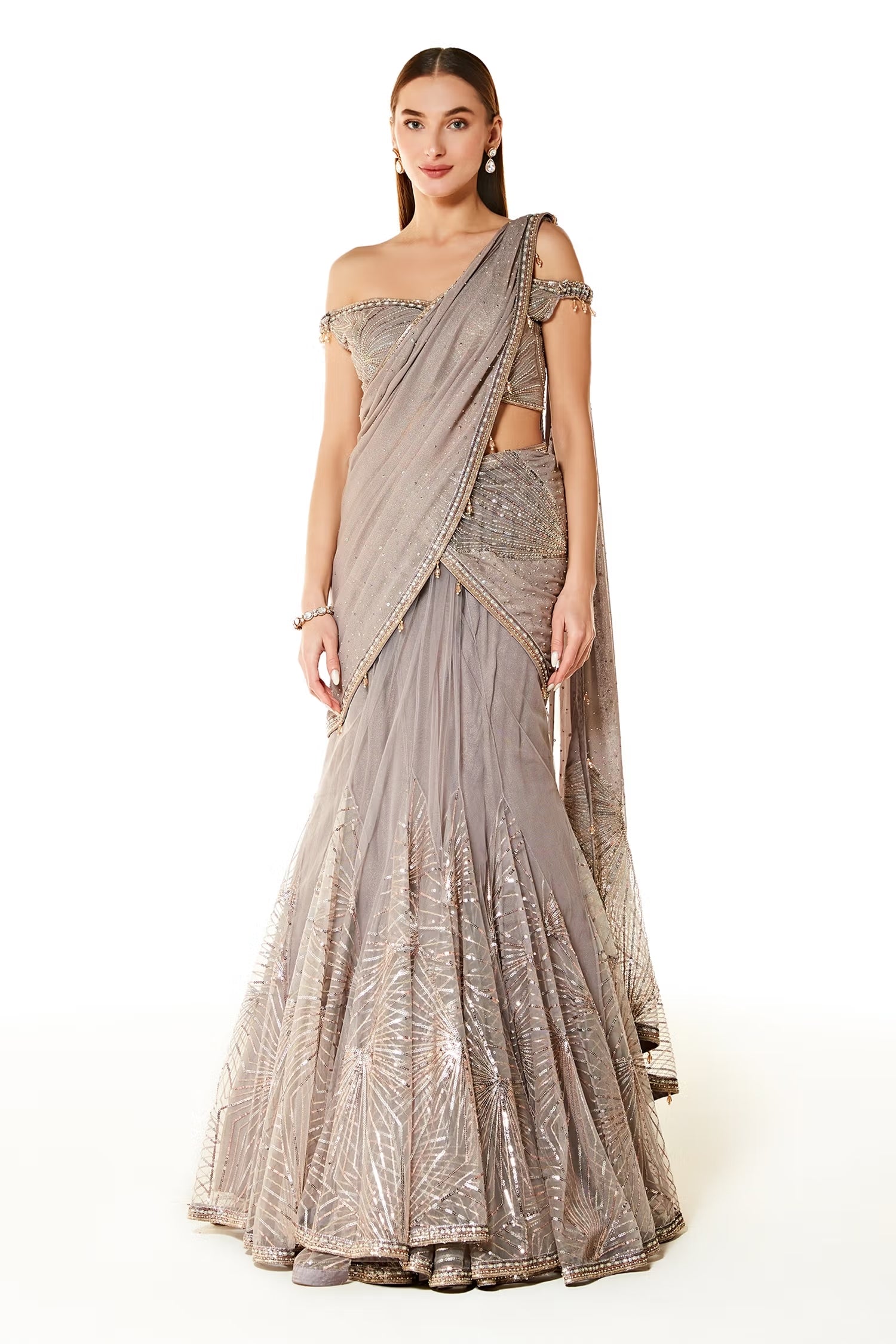 Grey Net Adha Lehenga Saree With Blouse