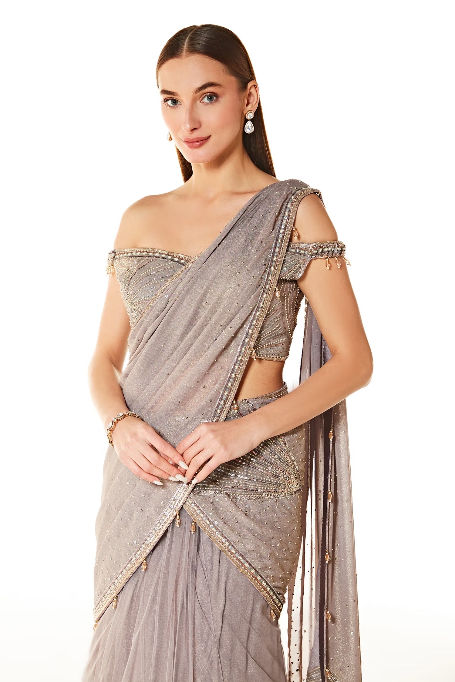 Grey Net Adha Lehenga Saree With Blouse