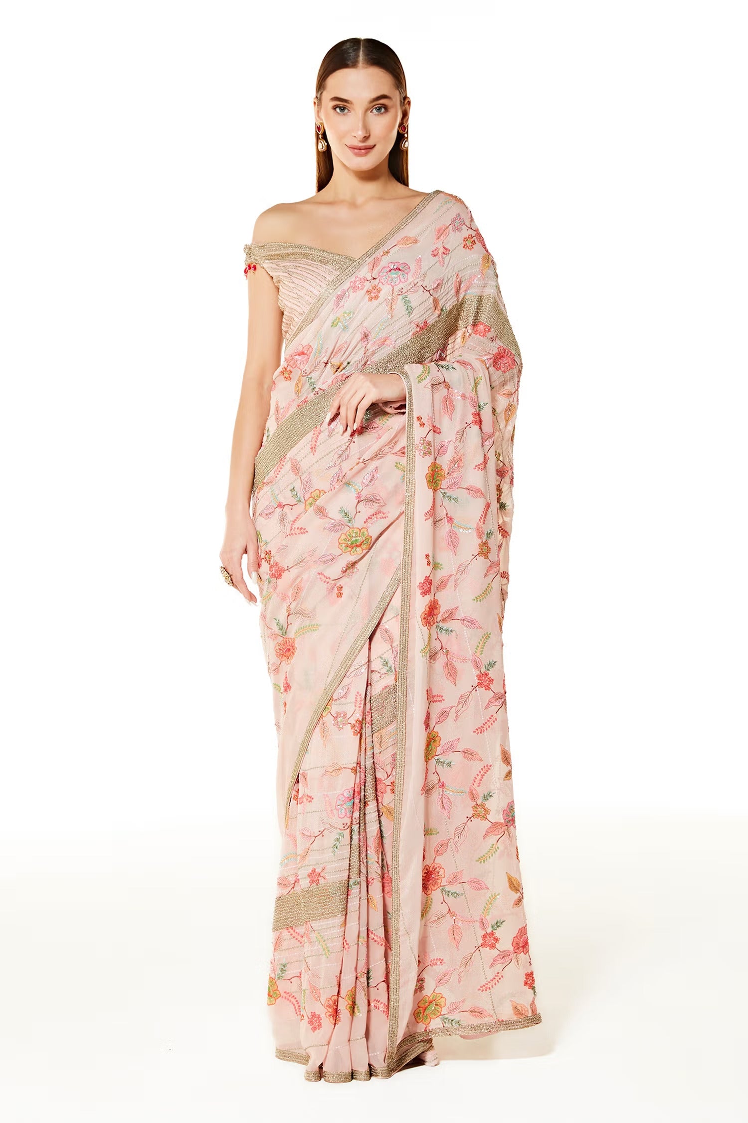 Pink Georgette Zaynab Saree With Off Shoulder Blouse